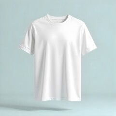 Levitating plain white T-shirt mockup on seamless pastel backdrop. Sleek modern design.