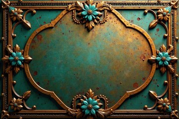 Ornate Gilded Frame with Teal Patina and Floral Accents, Ideal for Elegant Design Projects