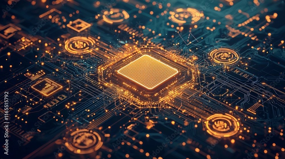 Poster a close-up view of a glowing microchip surrounded by intricate circuitry, representing advanced tech