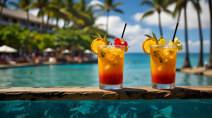 Hawaii mai tai drinks on waikiki beach swimming pool bar travel vacation in Honolulu, Hawaii. Alcohol cocktails with ocean view, luau party nightlife,generative.ai