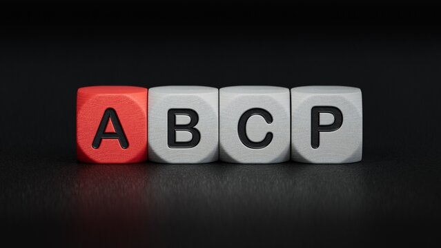 Word abcp on wooden cubes with copy space.close up of wooden elements,Business Concept.3D rendering on black background.
