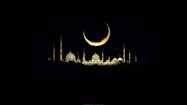 Ramadan Nightscape: Mosque Silhouette and Crescent Moon