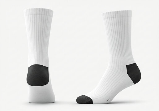 Blank white cotton long sock with black heel on invisible foot on white background as mock up for advertising, branding, design, back and side view, template.