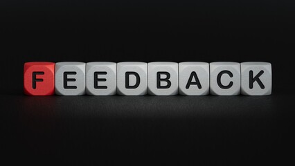 Word FEEDBACK made with wood building blocks.business concept.close up of wooden elements,Business Concept.3D rendering on black background.