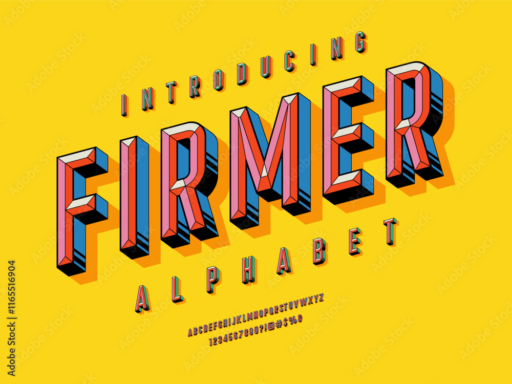 Fototapete colorful chisel style alphabet design with uppercase, numbers and symbols