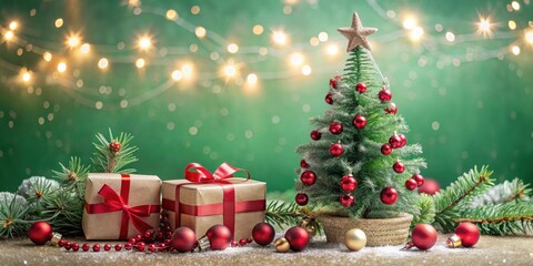 Festive Christmas Decor with Miniature Tree, Presents, and Ornaments on a Green Background with Sparkling Lights