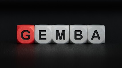Word gemba. Wooden small cubes with letters with copy space available.close up of wooden elements,Business Concept.3D rendering on black background.