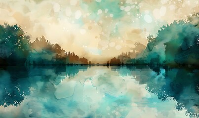 A serene watercolor blend of teal, brown, and white, evoking a tranquil river scene
