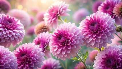 Obraz premium A vibrant bouquet of pink and purple chrysanthemums, illuminated by a soft glow of sunlight, creating a serene and enchanting atmosphere.