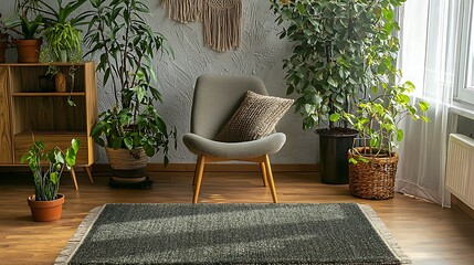 A living room with a gray chair and a gray rug