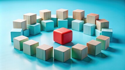 A single red wooden block stands out amongst a circle of wooden blocks in various shades of blue and beige on a turquoise background.