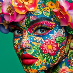 Fototapeta premium Colorful Floral Model Portrait with Vibrant Patterns