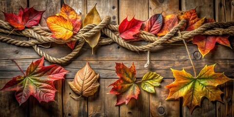 Fototapeta premium A Rustic Autumn Arrangement Featuring Colorful Leaves and Twisted Rope on a Weathered Wooden Surface