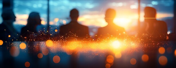 Silhouettes of people against a sunset backdrop, symbolizing collaboration, strategy, and decision-making in a corporate environment.