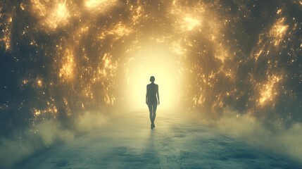 Fototapeta premium A symbolic depiction of a person passing into the afterlife, transitioning through a glowing tunnel toward light, representing dying, life after death, and spiritual experiences in ethereal settings