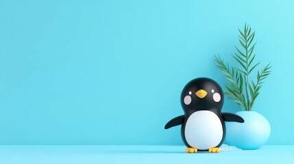 Naklejka premium A cute penguin figurine beside a decorative plant on a blue background.
