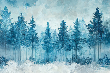 Fototapeta premium Winter landscape with pine trees in watercolour painting.