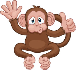 Fototapeta premium A monkey cute happy cartoon character animal waving and giving a thumbs up