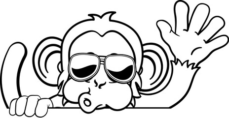 A monkey cool cartoon character animal wearing sunglasses peeking over a sign and waving
