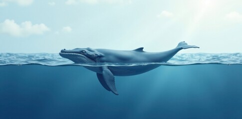 Obraz premium A Majestic Humpback Whale Gracefully Swims Through Crystal-Clear Ocean Waters, Its Immense Size and Elegant Form a Testament to the Wonders of the Deep Blue Sea