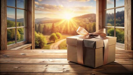 A beautifully wrapped gift box with a golden ribbon rests on a wooden surface, with a panoramic window view of a serene countryside sunset.