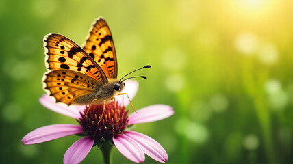 Obraz premium Orange butterfly on purple flower in sunny garden