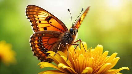 Fototapeta premium Orange butterfly on yellow flower in digital art style