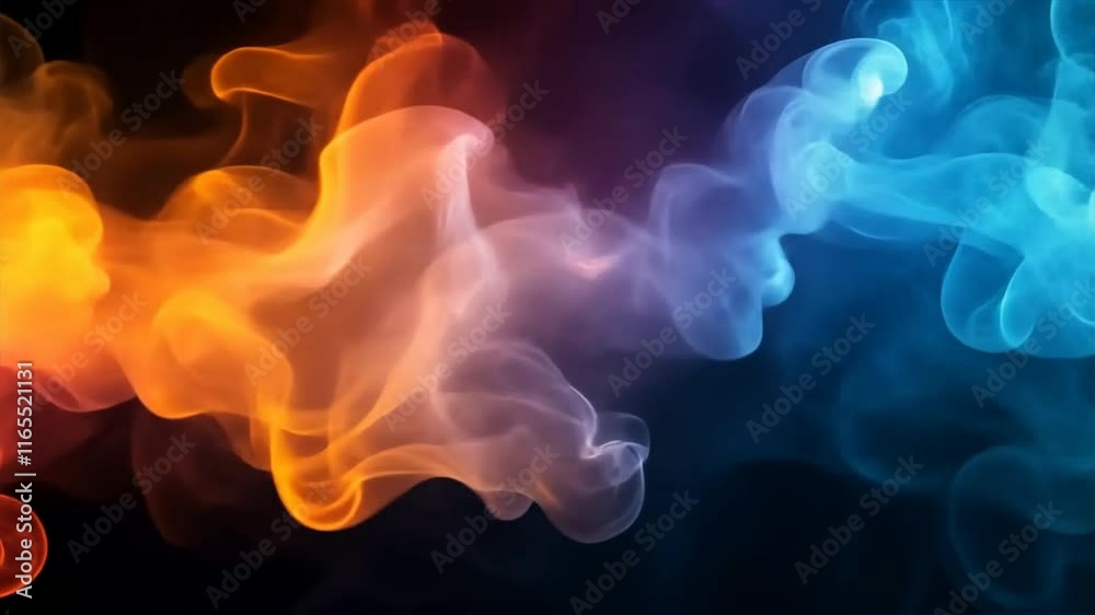 Poster vibrant abstract background of smoke swirls in orange and blue hues creates ethereal texture, evokin