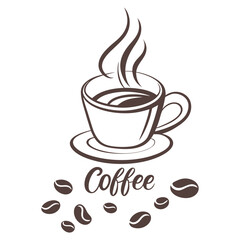Coffee Cup with Steam and Coffee Beans Illustration,Elegant Coffee Logo Design for Cafes and Restaurants