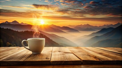 A steaming cup of coffee rests on a wooden table overlooking a breathtaking sunrise over a misty mountain landscape.