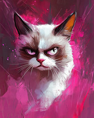 Grumpy Cat with a Sweet Side, Adorable Illustration in Pink Tones