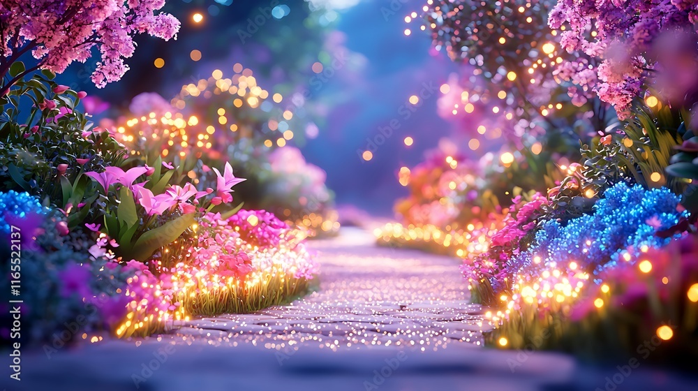 Canvas Prints Magical garden path at night, illuminated with fairy lights among colorful flowers and plants.