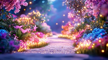 Magical garden path at night, illuminated with fairy lights among colorful flowers and plants.