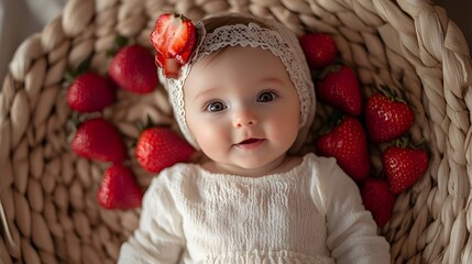 Baby Girl Surrounded by Strawberries in a Basket