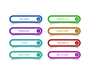 Fototapeta premium Modern CTA button set, texts and icons, shadows, web UI element for landing pages, mobile apps or banners.