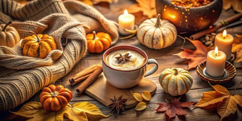 A Cozy Autumnal Still Life Featuring a Cup of Coffee, Pumpkins, Candles, and Fall Leaves
