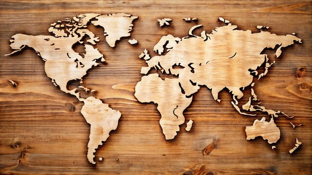 A detailed world map carved into a wooden surface, showcasing the continents and oceans in a rustic aesthetic.