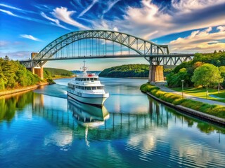 Obraz premium Cape Cod Canal Scenic Product Photography, Boat, Ferry, Bridge, Landscape
