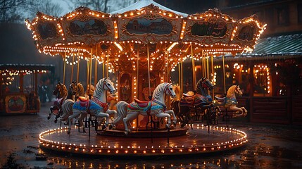 Fototapeta premium Illuminated carousel with horses at night, winter setting, wet ground.
