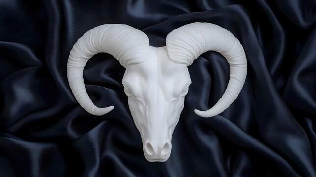 White Ram Skull on Black Satin Background