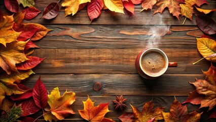 A steaming cup of coffee surrounded by colorful autumn leaves on a rustic wooden surface.