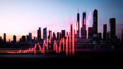 Obraz premium City skyline with a financial graph overlay at sunset.