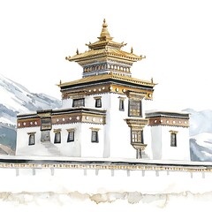 Obraz premium Watercolor Painting of a Traditional Tibetan Buddhist Temple Nestled in a Mountainous Landscape.