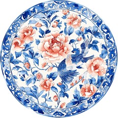 Watercolor Painting of a Round Plate Decorated with Blue and Red Floral and Bird Motifs.