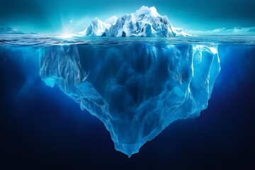 Huge iceberg floating in the ocean showing the tip and the hidden part