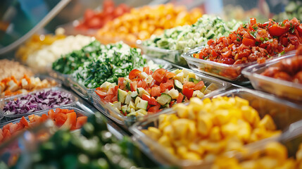 A selection of fresh salads neatly arranged in a fridge, showcasing a variety of colorful ingredients. Each option offers a healthy, vibrant choice, perfect for a refreshing meal or snack