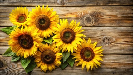 Obraz premium A cluster of vibrant sunflowers arranged on a rustic wooden background, showcasing their bright yellow petals and contrasting brown centers, capturing the essence of summer's warmth and beauty.