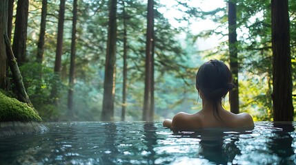 A woman is in a pool of water, surrounded by trees