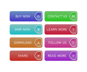 Modern CTA button set, texts and icons, 3D effect, web UI element for landing pages, mobile apps or banners.