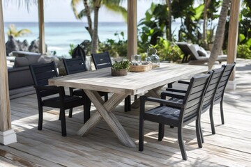 Elegant outdoor dining setting overlooking tropical ocean